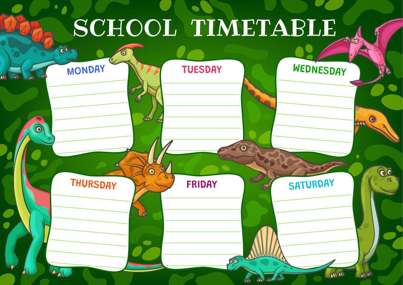 School timetable schedule with cartoon dinosaurs vector