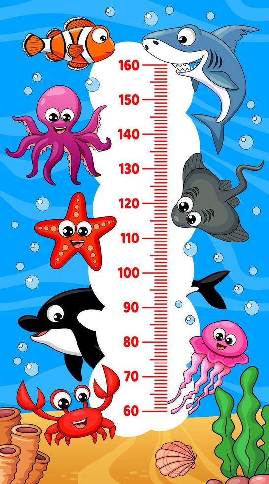 Kids height chart, underwater cartoon sea animals vector