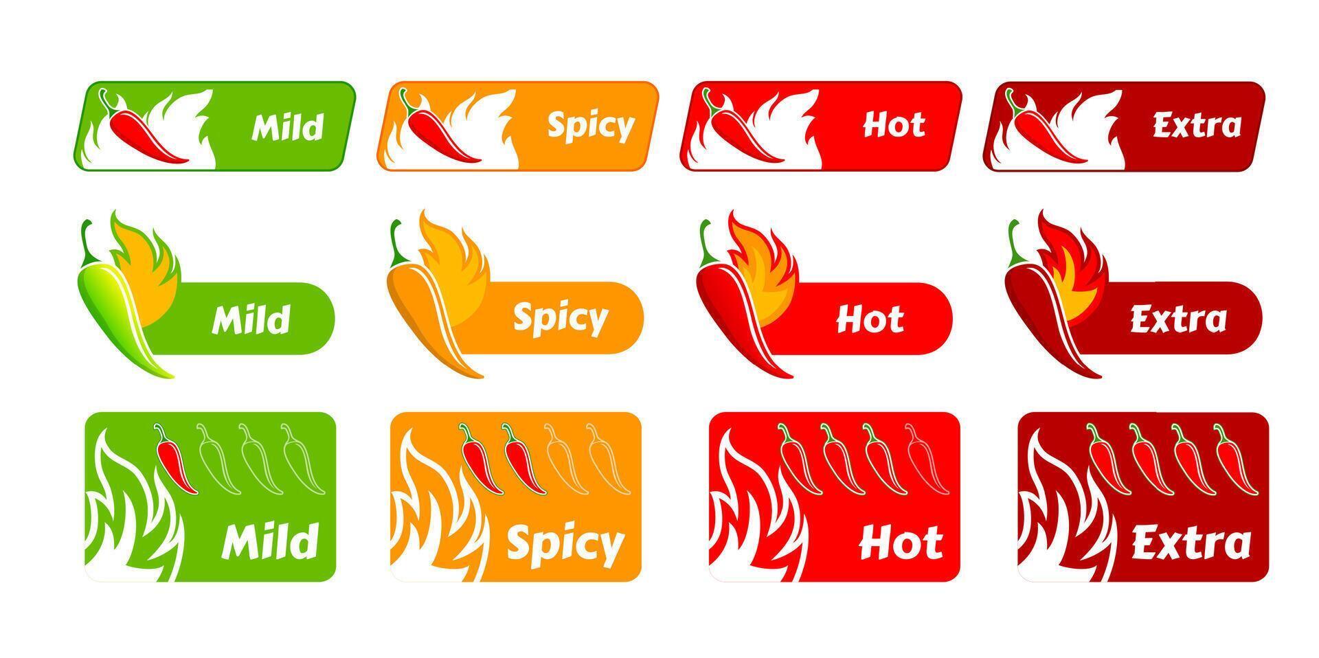 Chilli pepper spicy level labels with fire flames vector