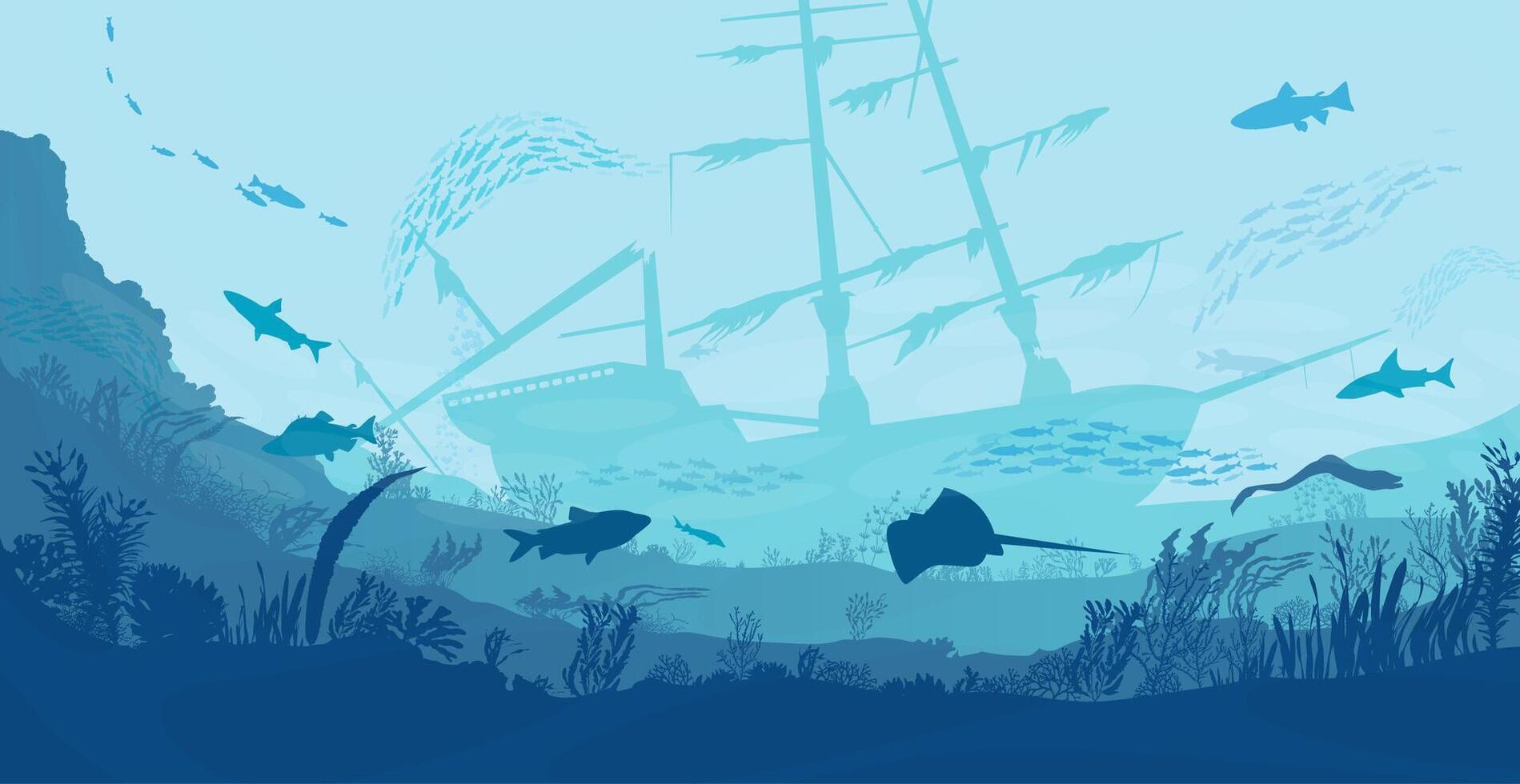 Underwater landscape, ocean, undersea ship wrecks vector