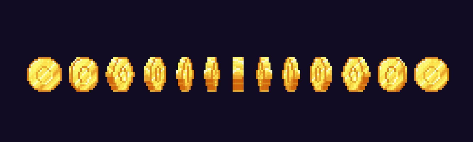 Golden coin animation, 8 or 16 bit pixelated money vector