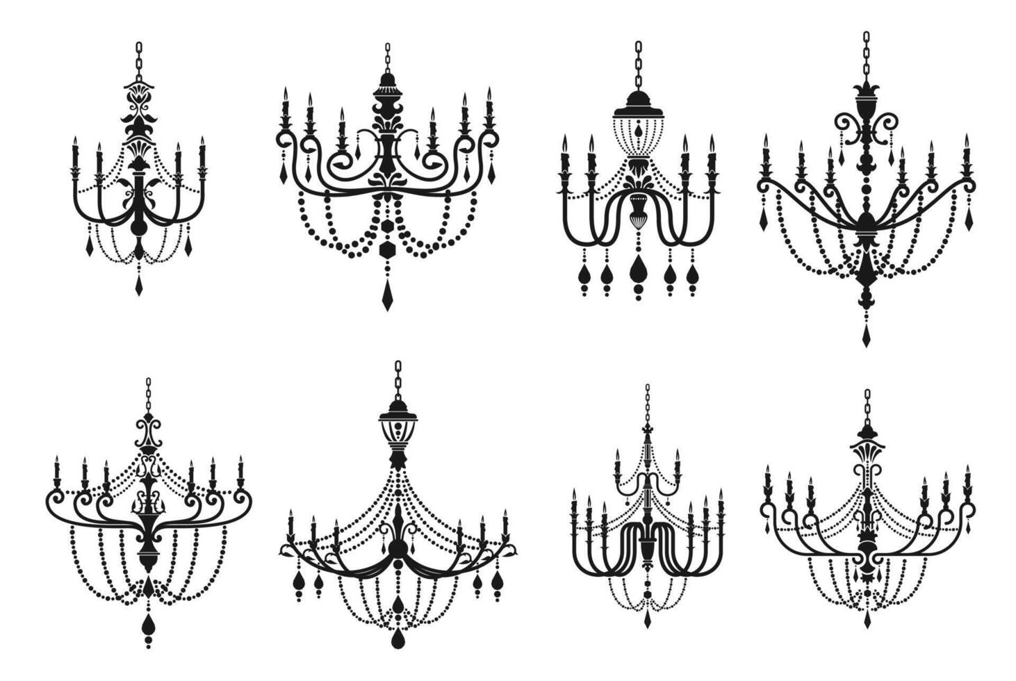 Chandelier silhouettes, crystal lamp candelabra vector