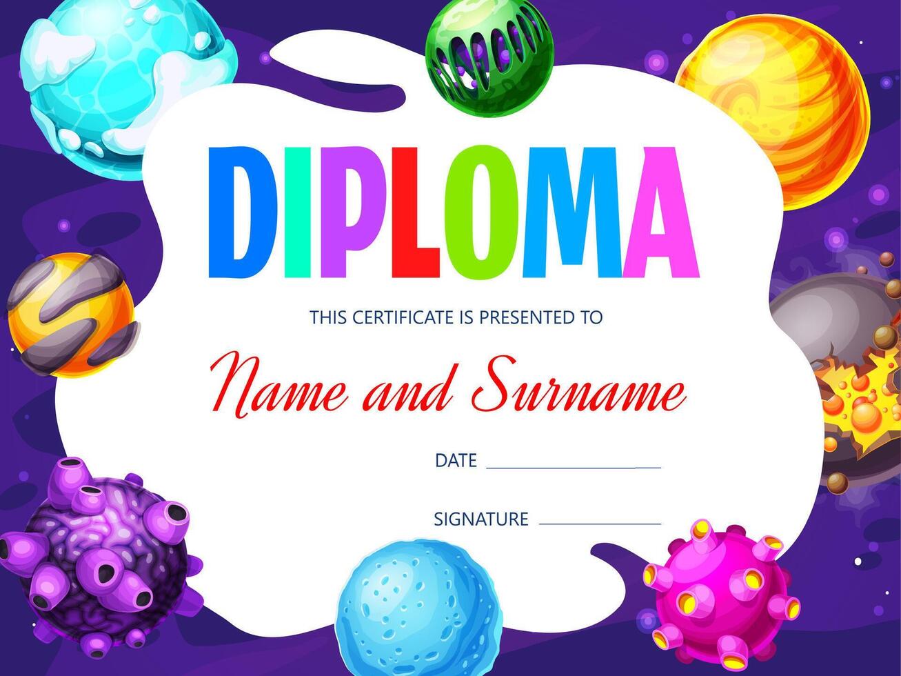 Diploma, kids education certificate, cartoon space vector