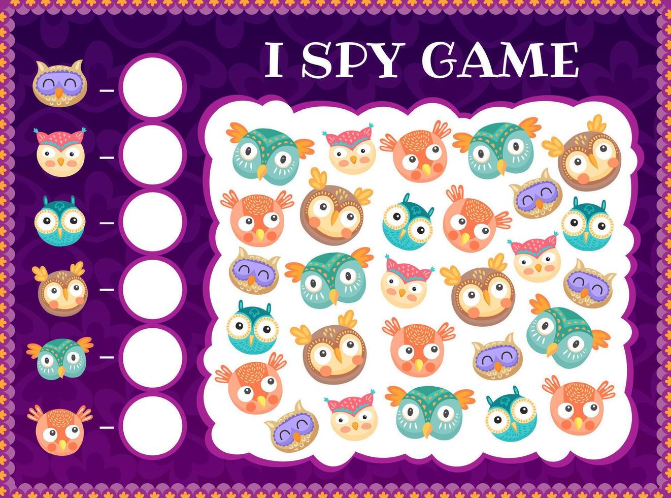 I spy game with cartoon owls and owlets, kids game vector
