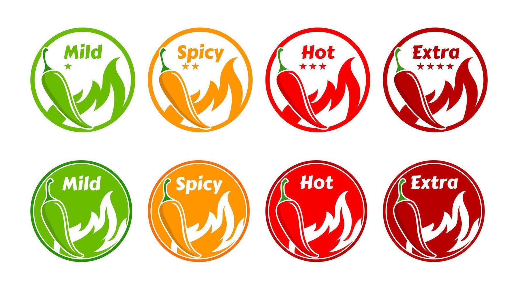 Spicy level labels with fire flames, chili peppers vector
