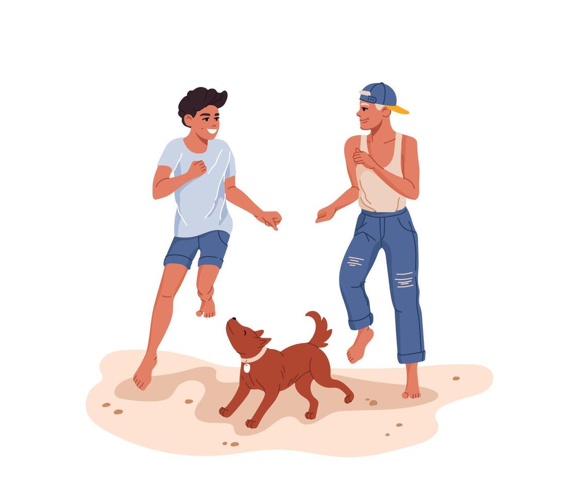 Two boys running on beach, playing with dog vector