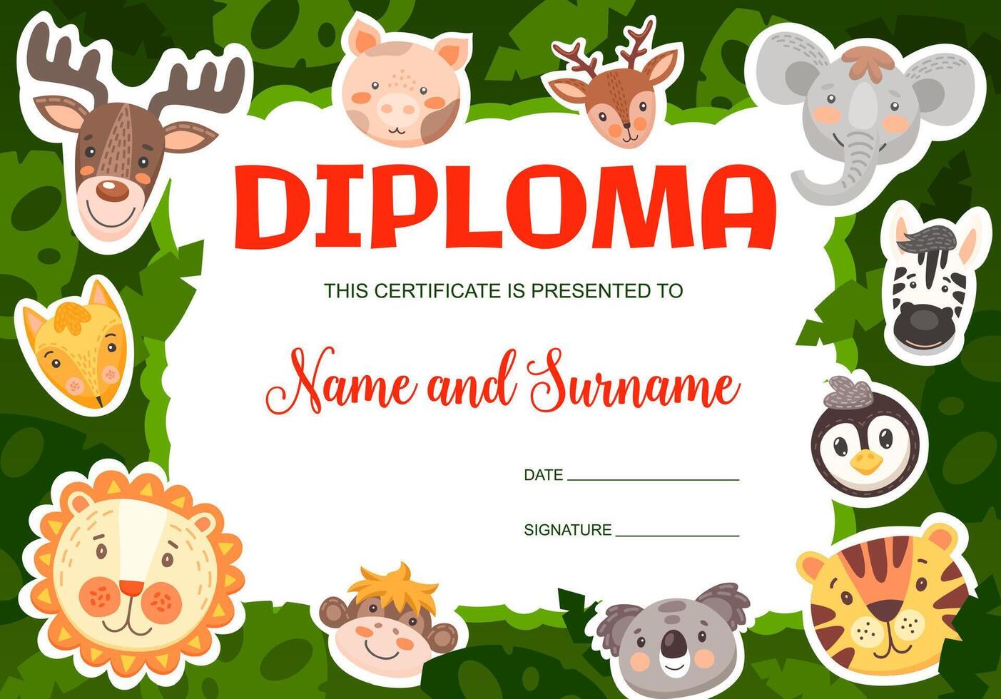Funny cartoon animals kids diploma, certificate vector