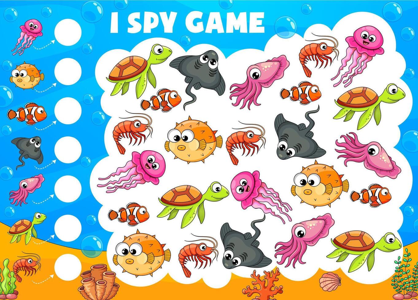 I spy game quiz worksheet of underwater animals vector