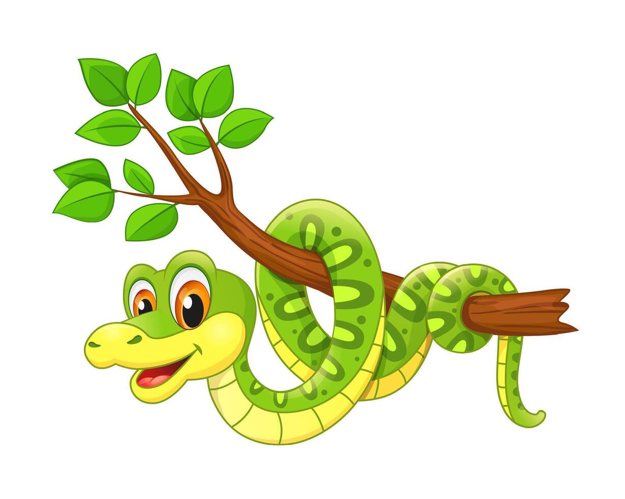 Cartoon cute funny python snake on jungle tree vector