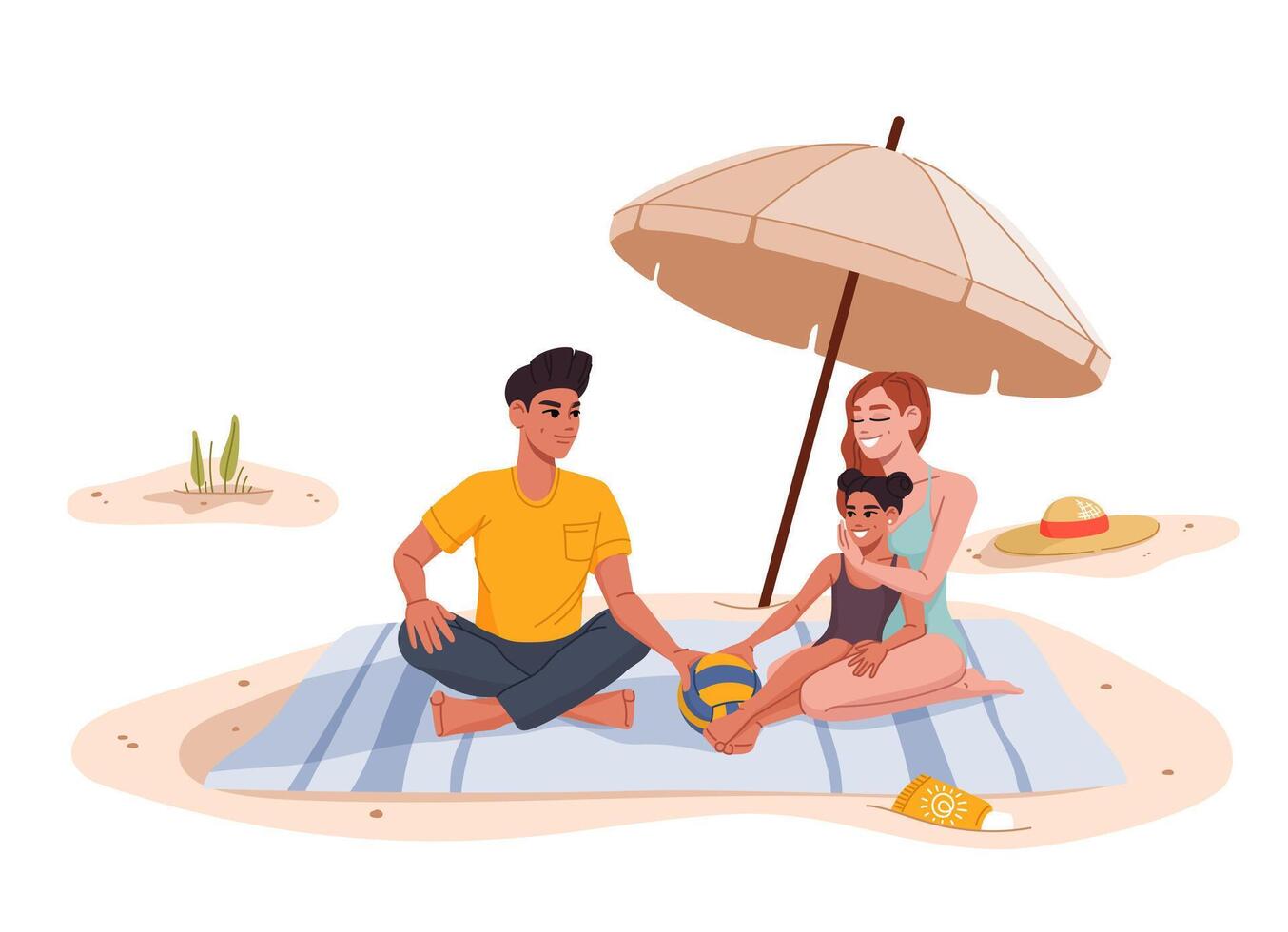 Family sitting, resting on beach under umbrella vector