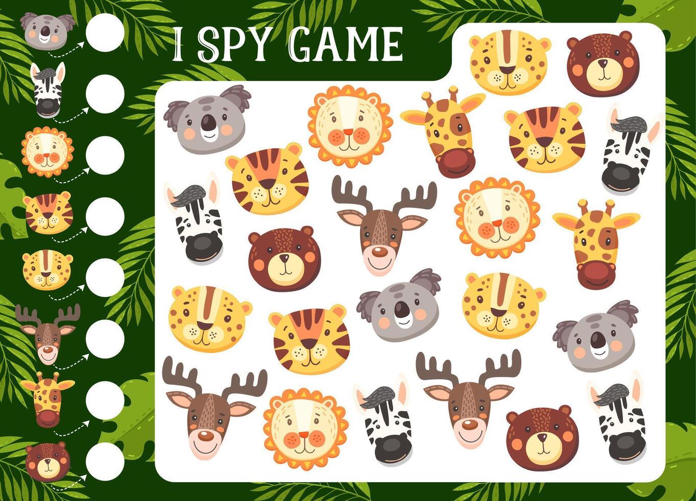 Kids I spy game with cartoon animals characters vector