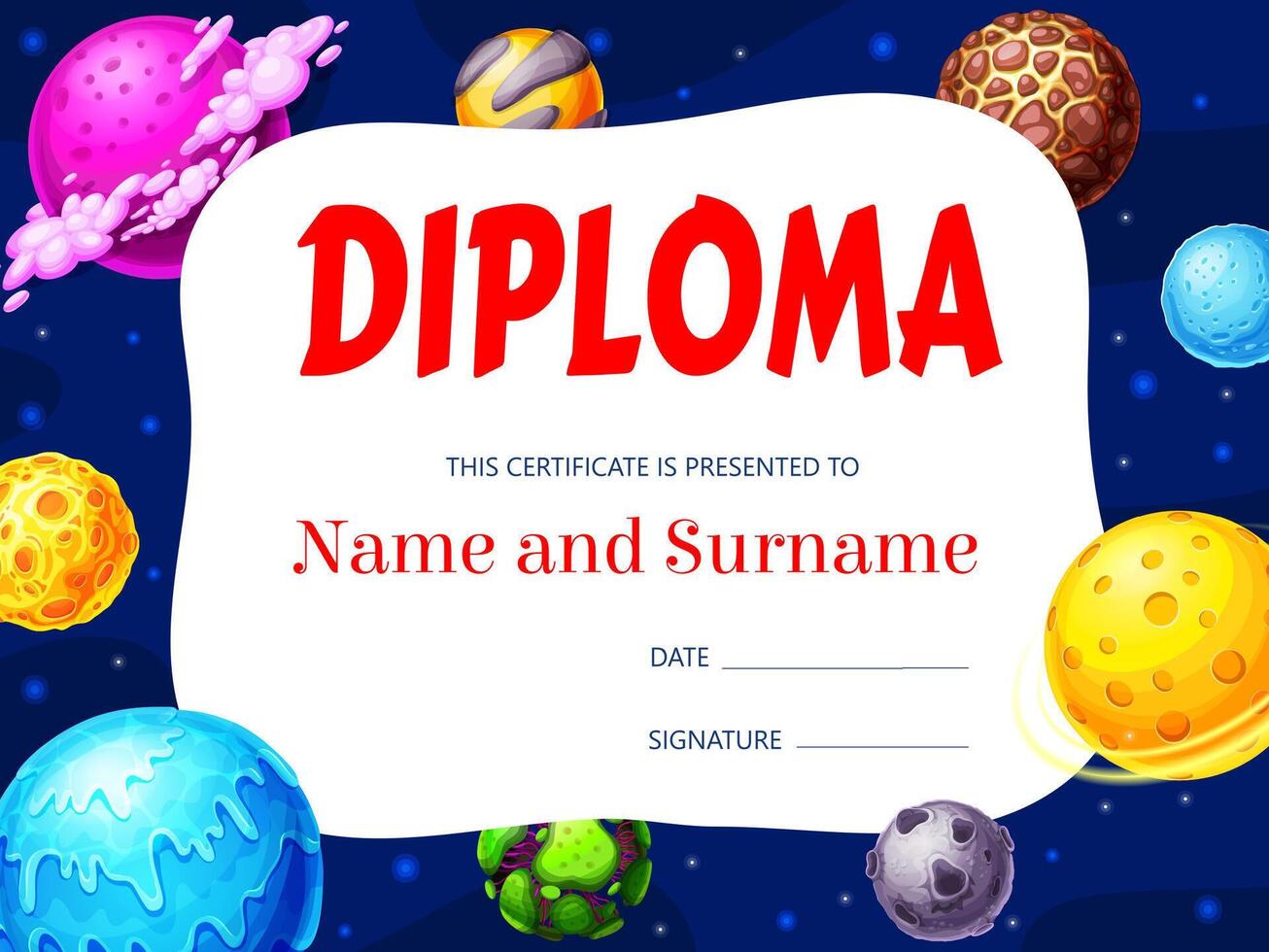 Kids diploma with galaxy space planets and stars vector