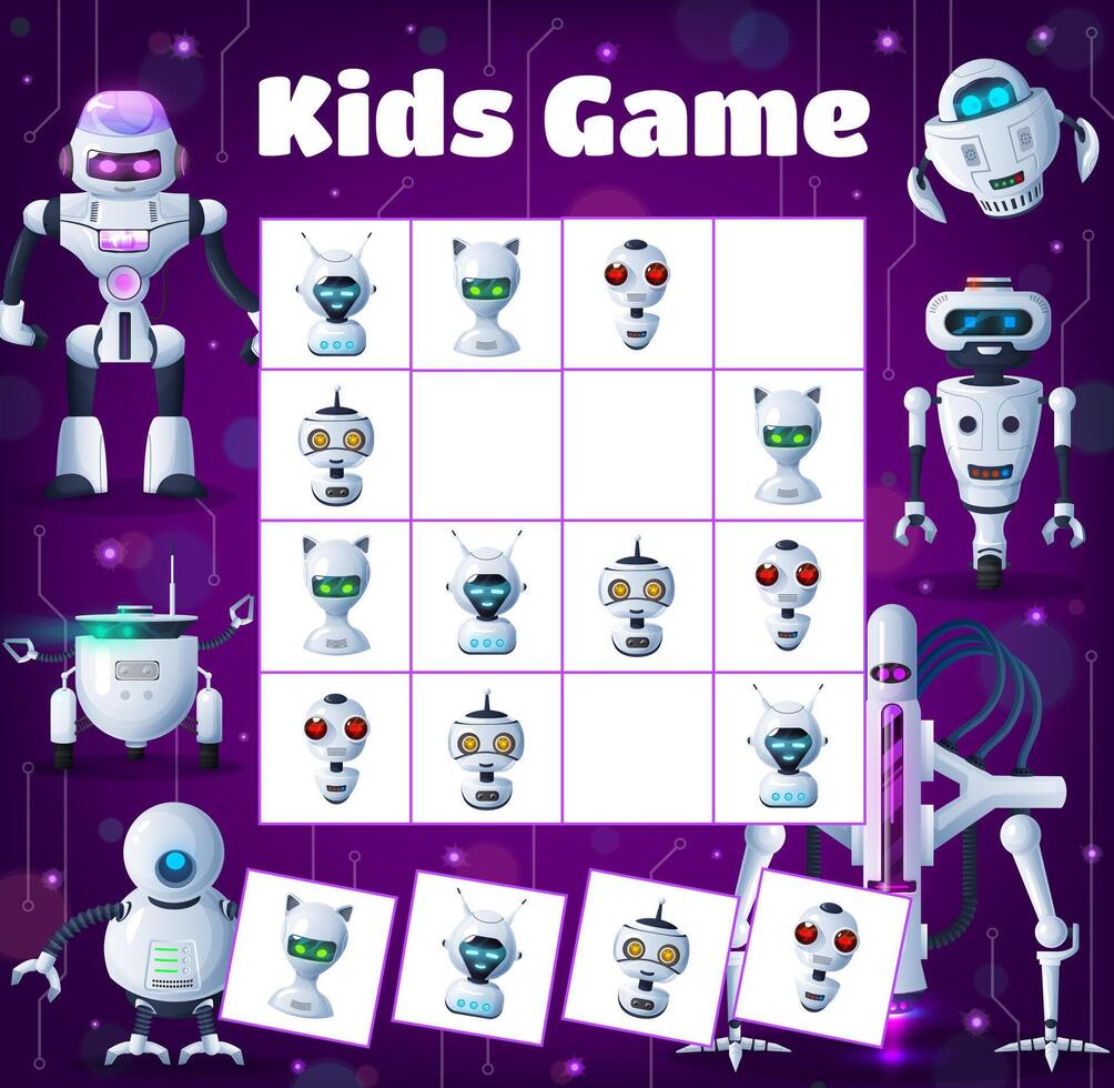 Kids sudoku game with cartoon robots and droids vector