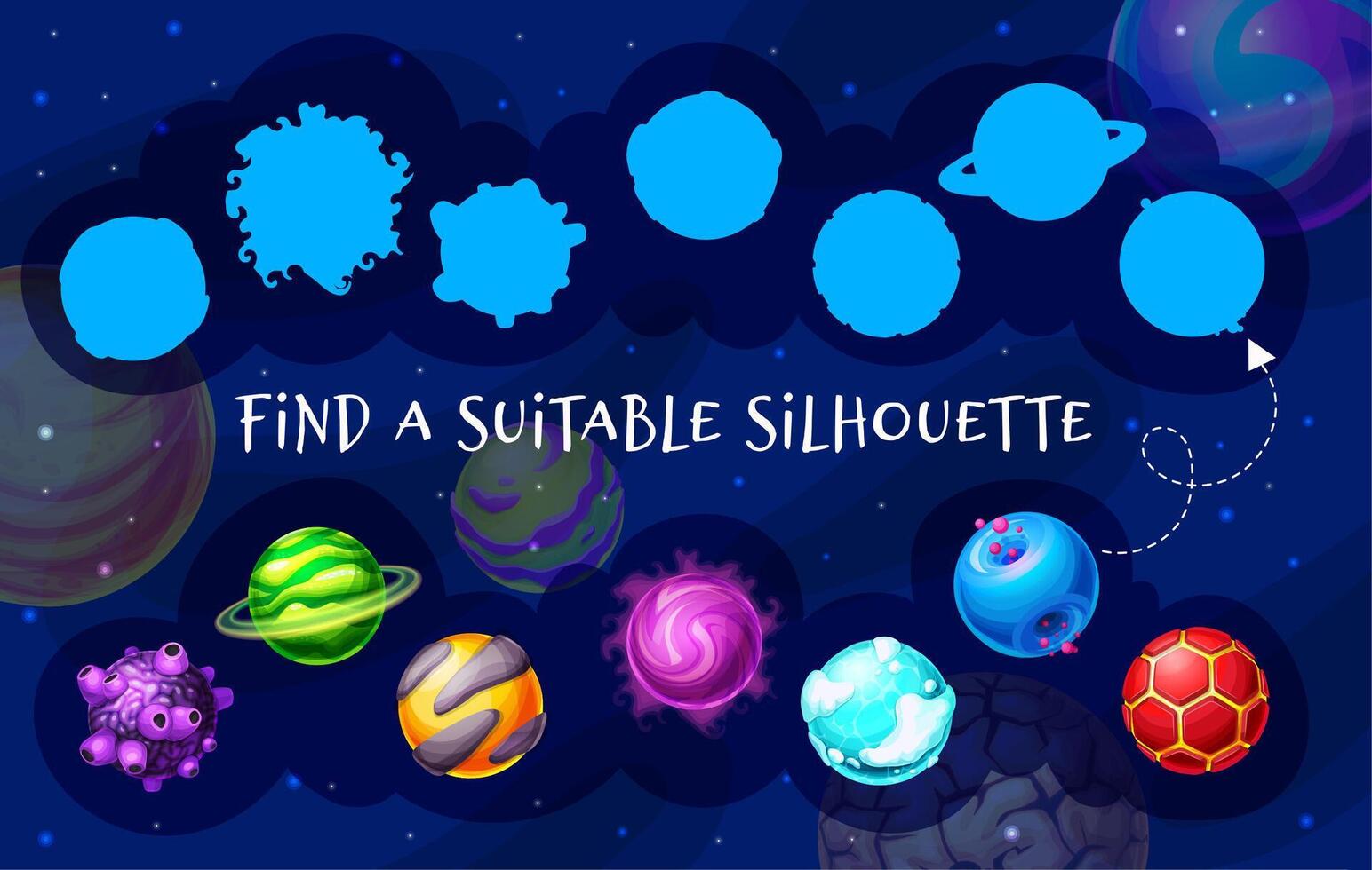 Galaxy kids game find a suitable planet silhouette vector