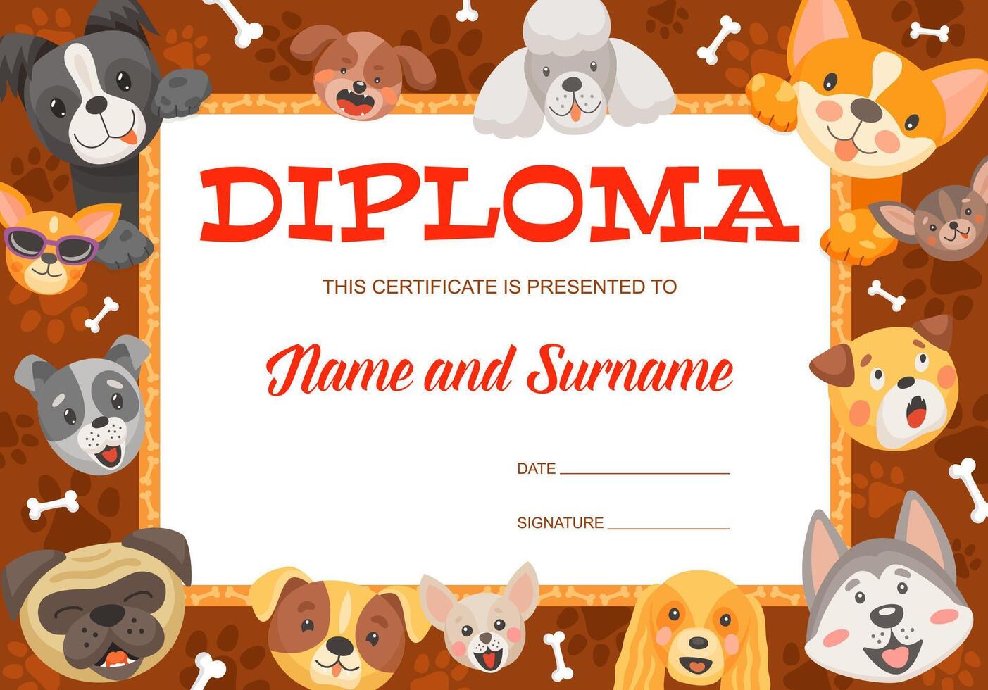 Funny cartoon puppies and dogs with bone diploma vector