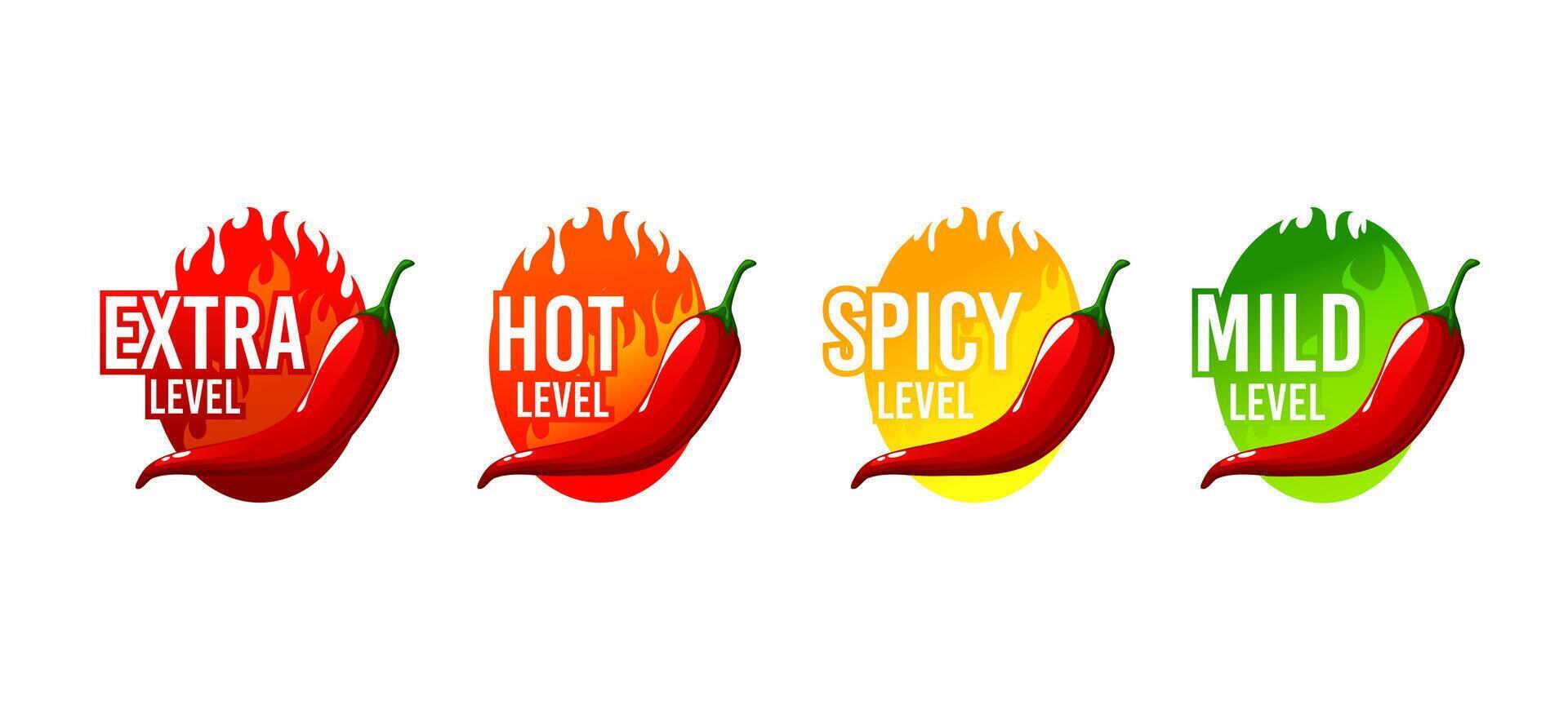 Hot spicy level labels, chili pepper mild or extra vector