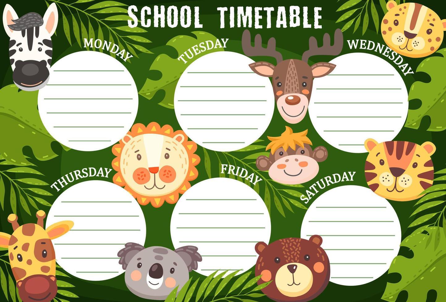 School timetable schedule with funny animals. vector