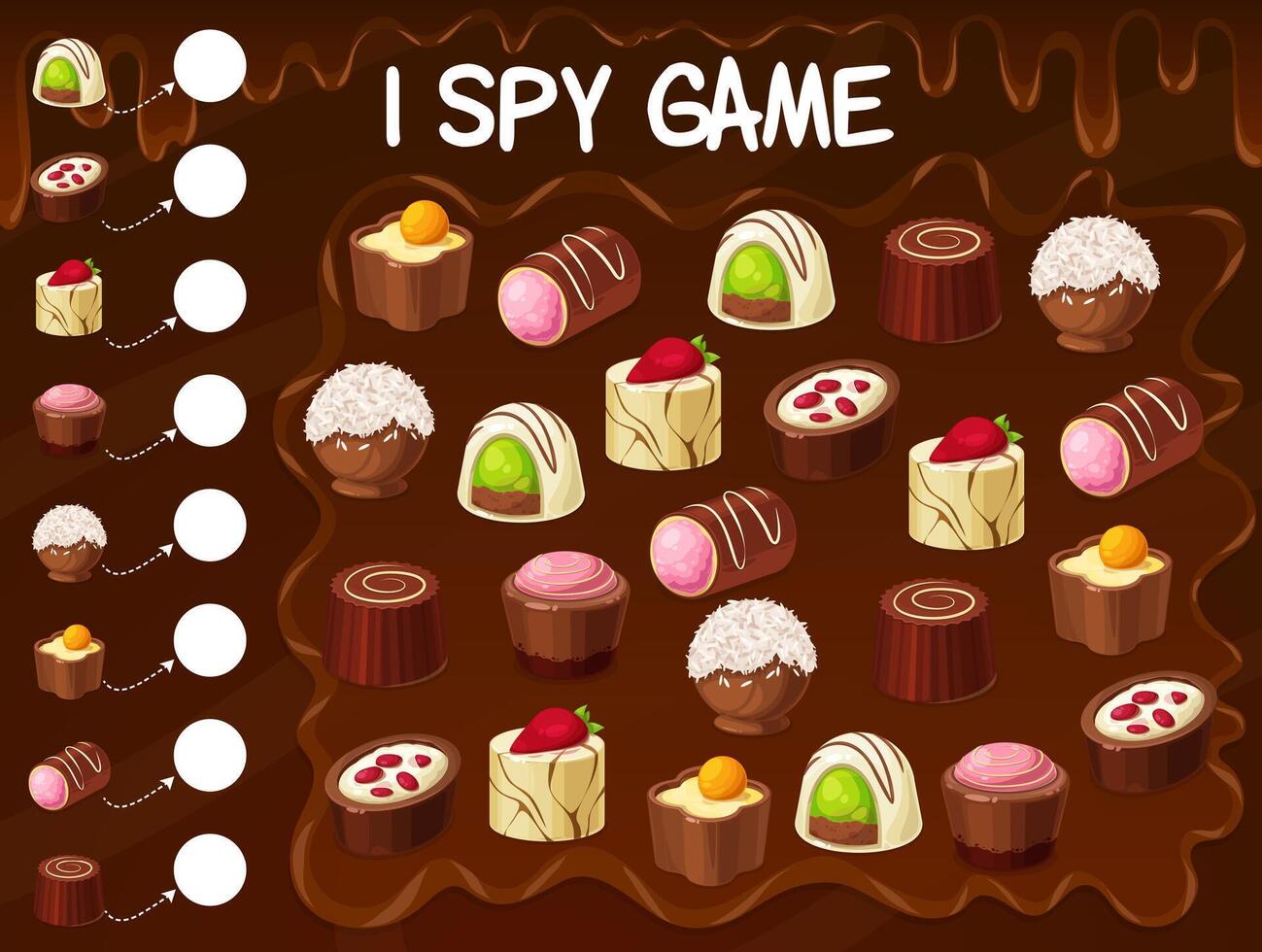 Chocolate truffle, nuts candy, sweets spy game vector