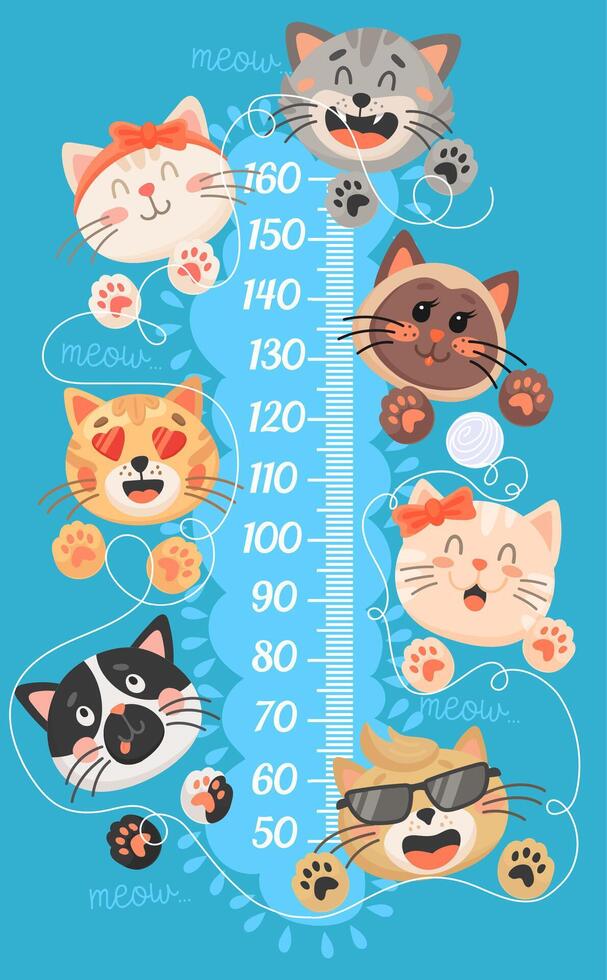 Cartoon kids height chart, funny cats and kittens vector