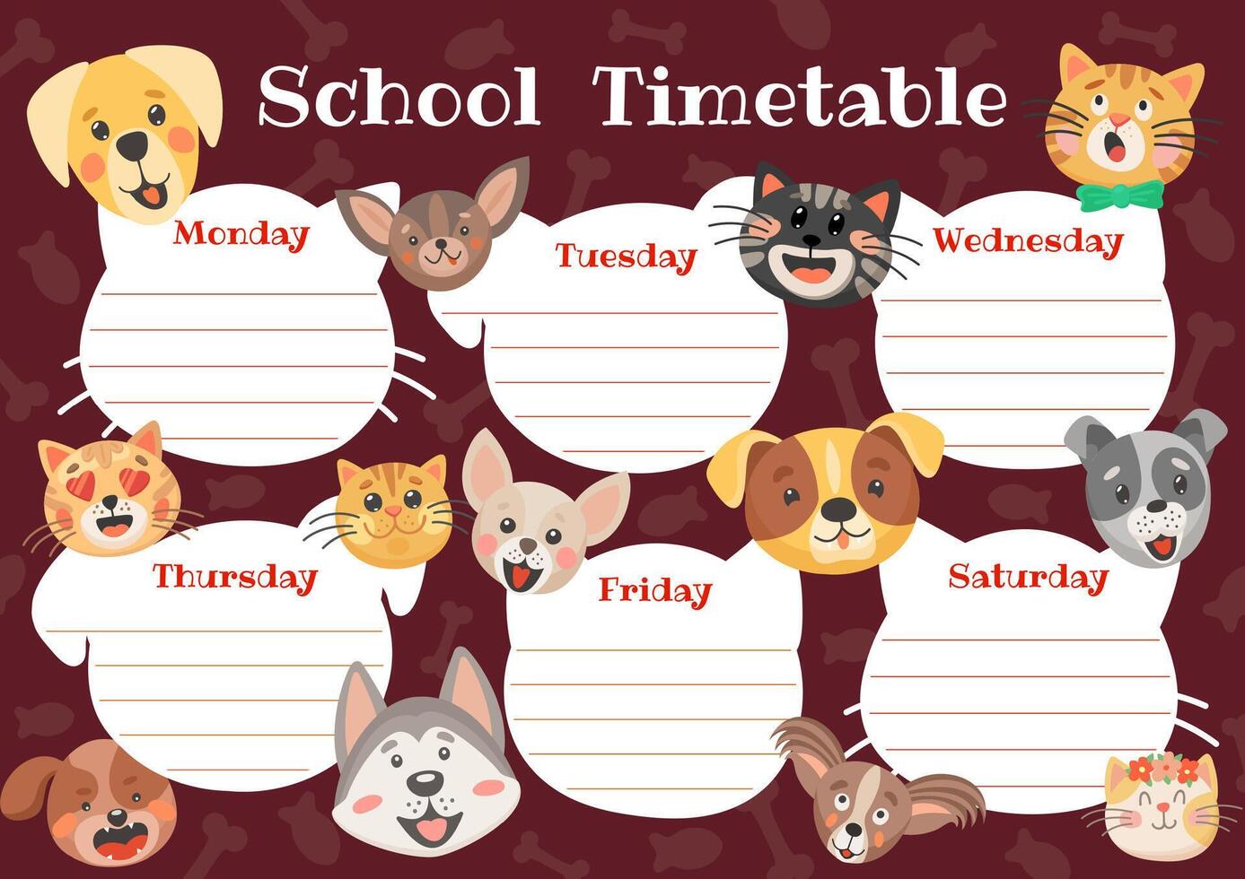 Cartoon kittens, cats, dogs and puppies timetable vector
