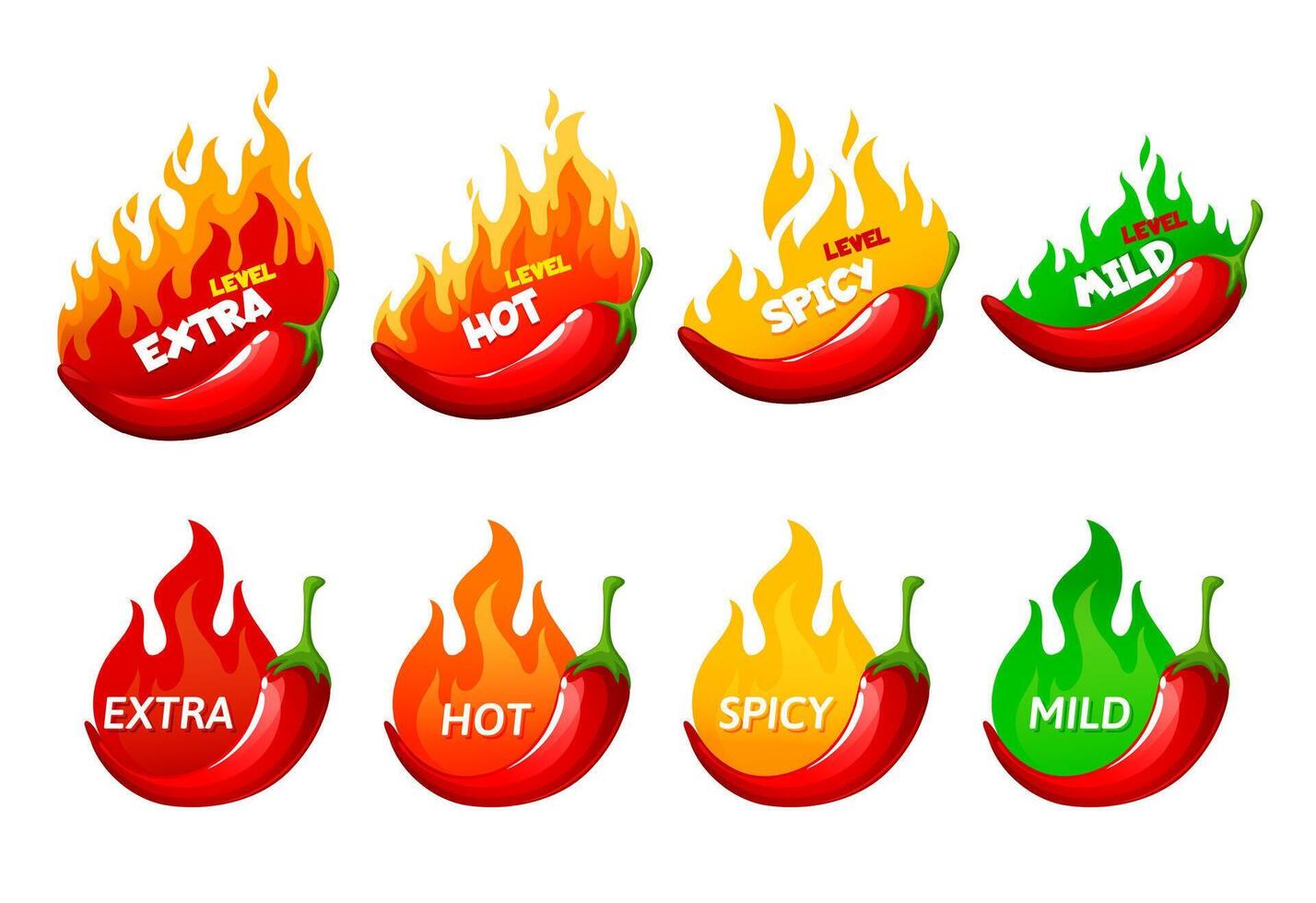 Hot spicy level labels, icons chili pepper vector