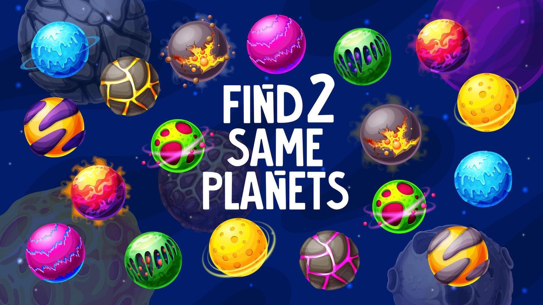 Cartoon space stars or planets, find two same game vector