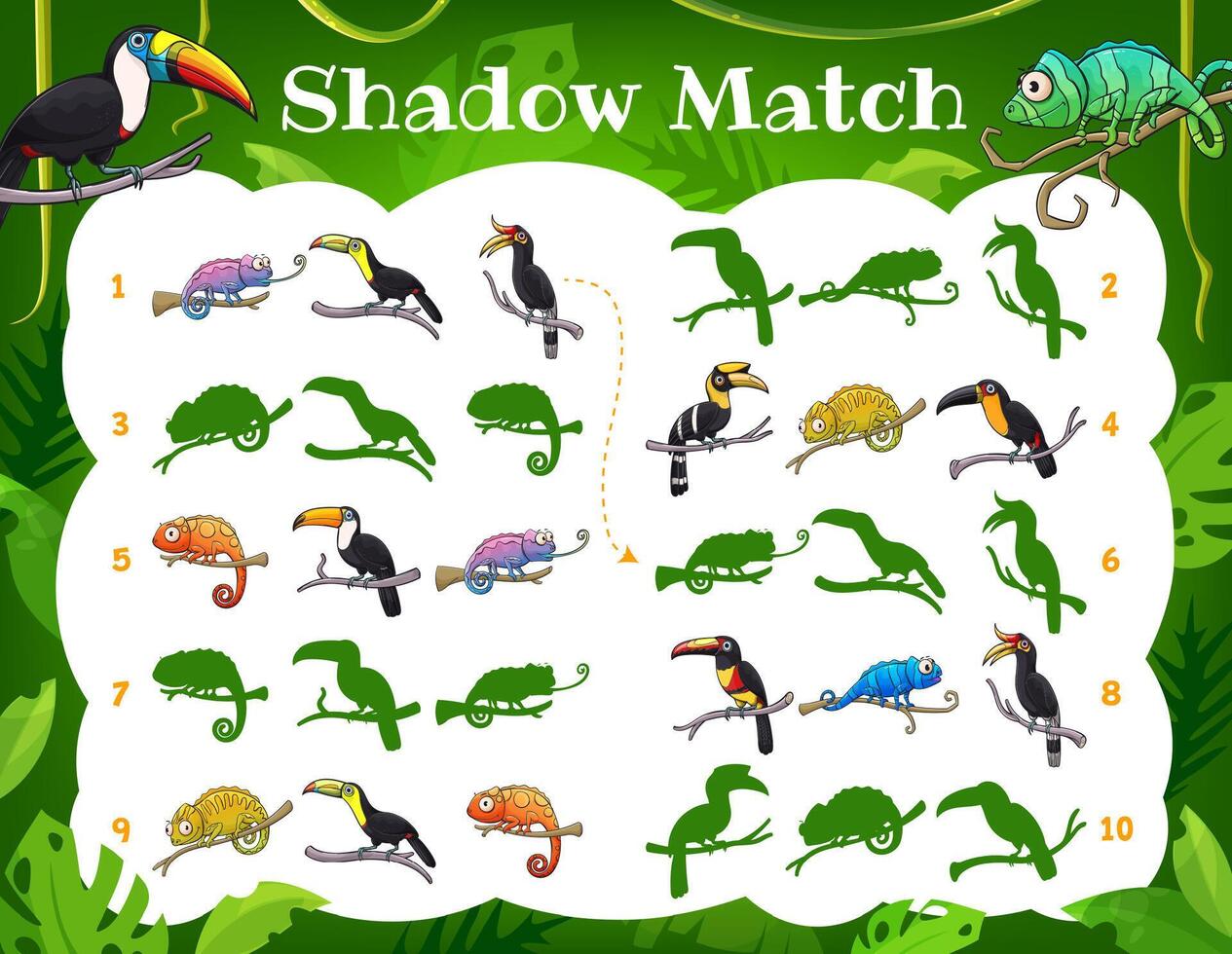 Kids shadow match game toucans and chameleons vector