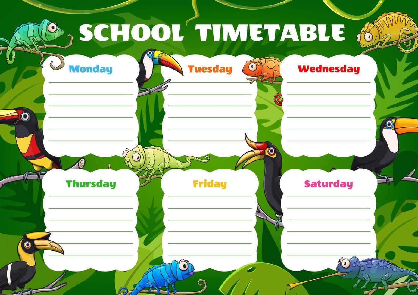 Education timetable with toucans and chameleons vector