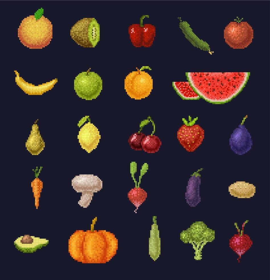 8 bit pixel art fruits, berries and vegetables vector