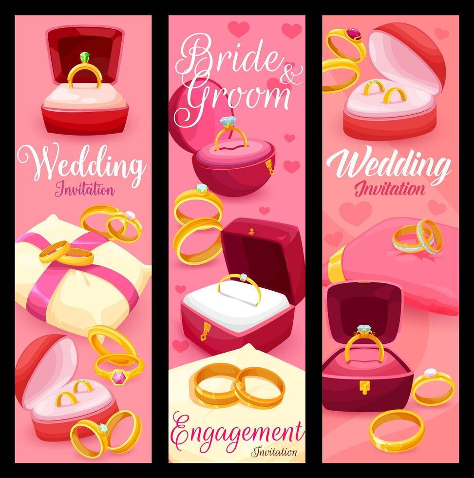 Engagement and wedding rings invitation card vector