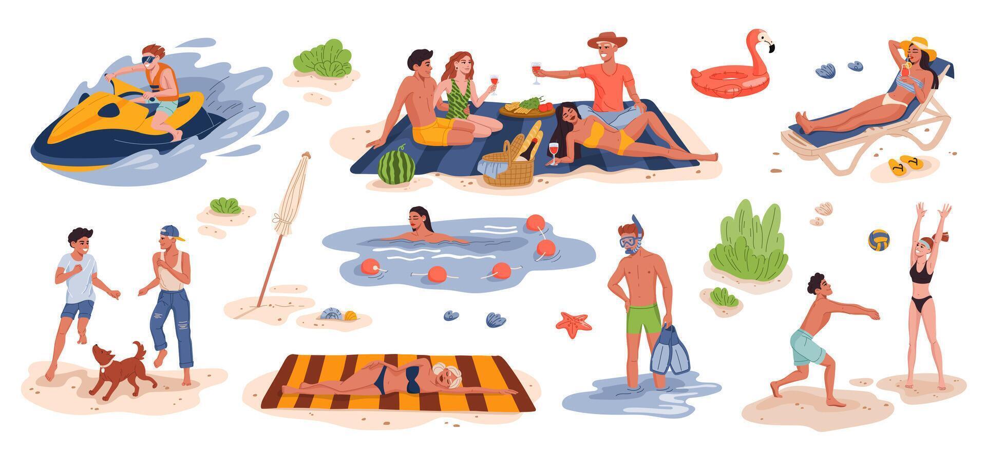 People on summer vacation, beach activities scenes vector