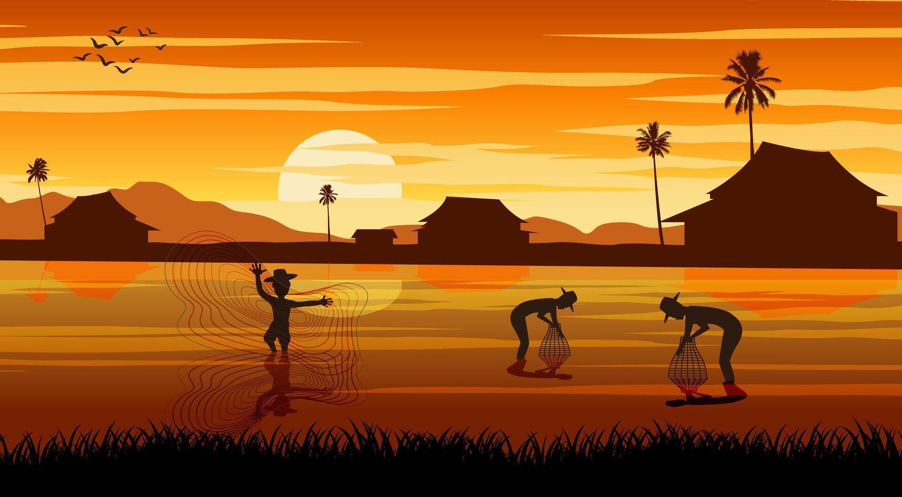 Silhouette picture of how to catching fish by southeast asia style on sunset time vector