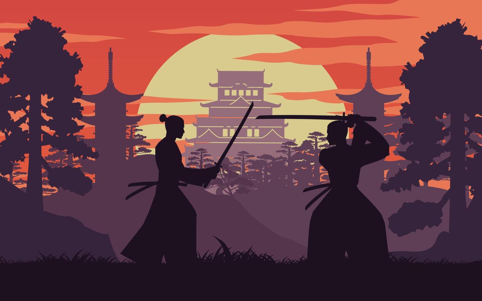 Silhouette design of Samurai warrior of Japan are fighting vector