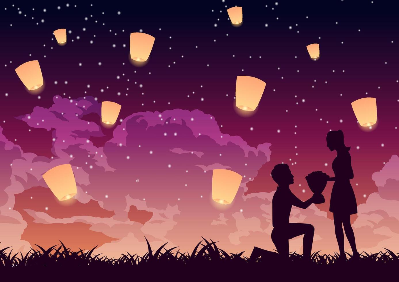 man sit and send flower to his girl,lantern above,concept art vector