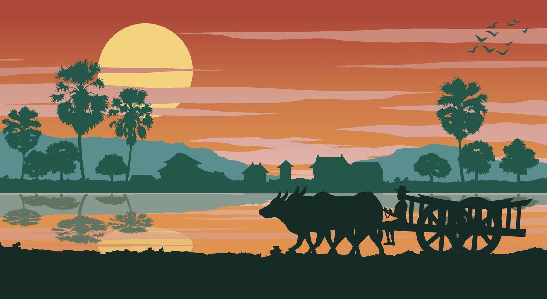 Life style of Asean in the morning while cow cart ahead to do work vector