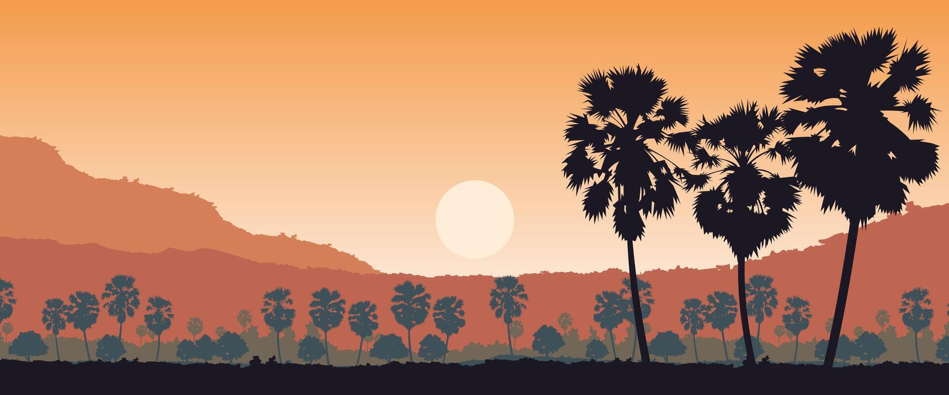 Silhouette scenery of country landscape of Asia on tropical area with palm trees vector