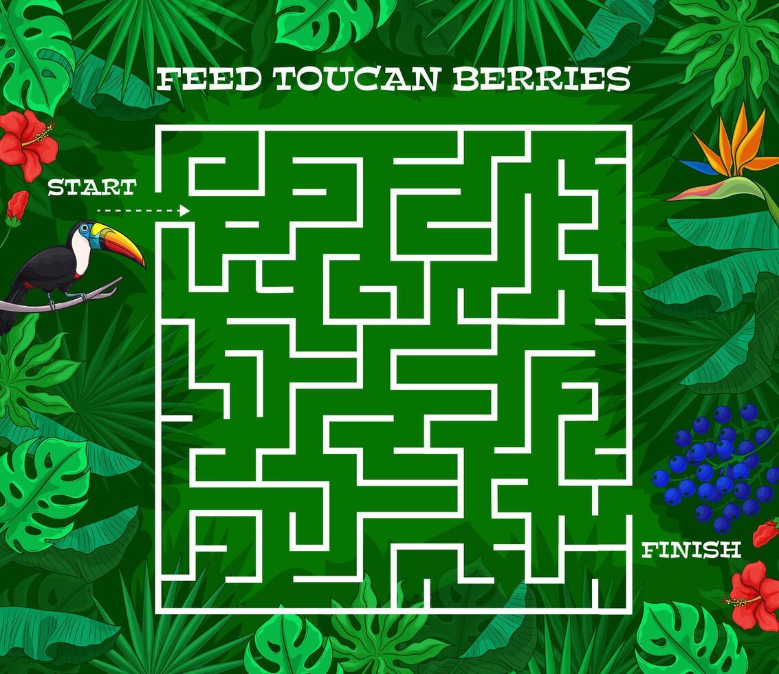 Kids labyrinth maze game, cartoon toucan in jungle vector