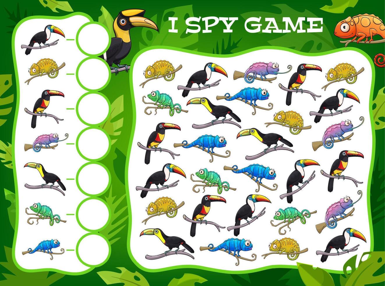 Spy game cartoon toucans and chameleons in jungle vector
