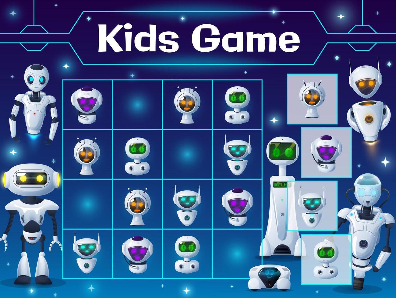 Kids sudoku game with cartoon robots and droids vector