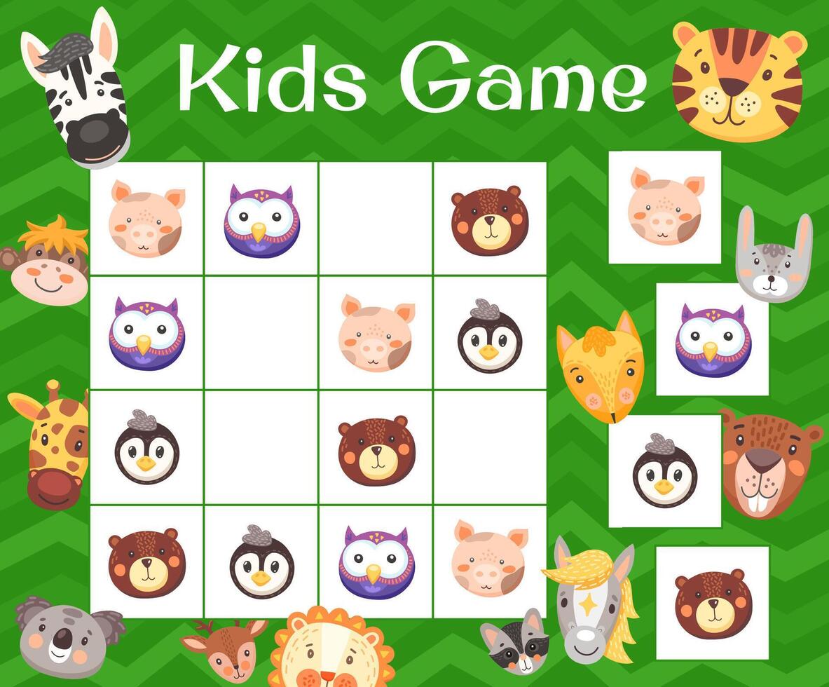 Kids sudoku game, cartoon funny animals zoo puzzle vector