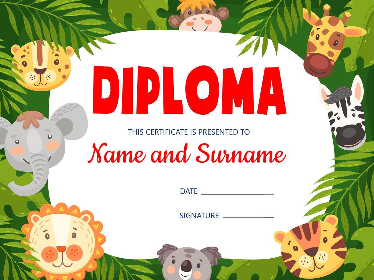 Kids diploma with cute cartoon animals, frame vector