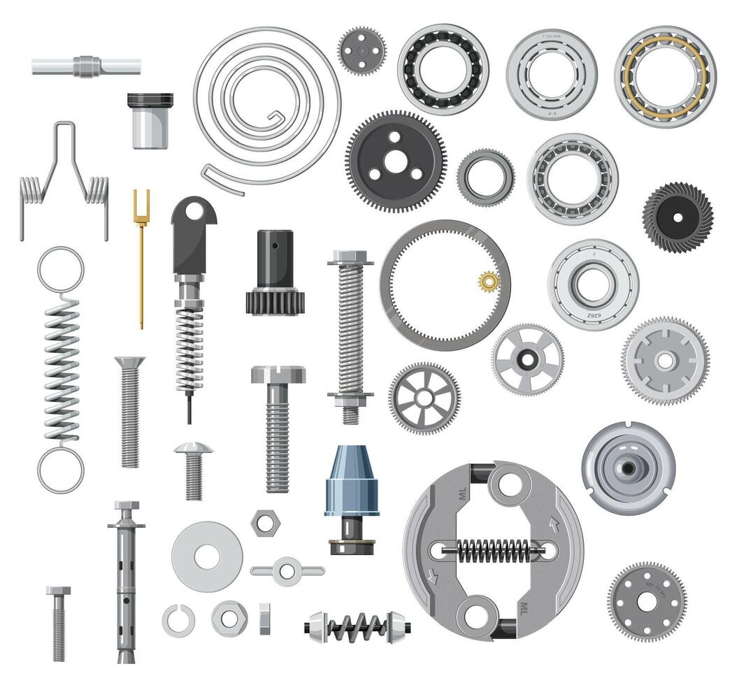 Isolated bolt, screw, nut and washer, spring, gear vector
