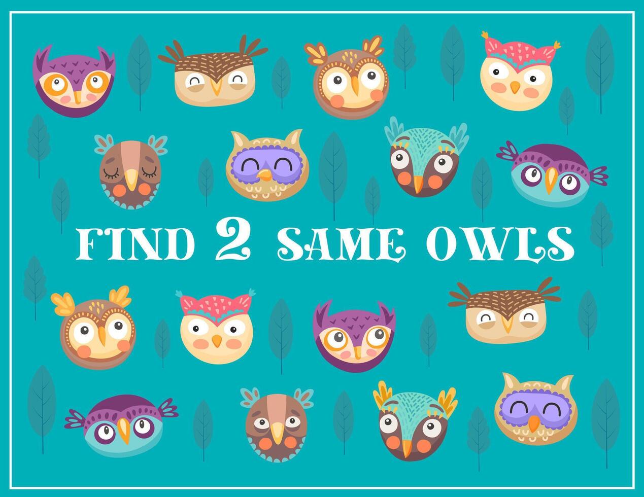 Find two same owls kids maze game, riddle vector