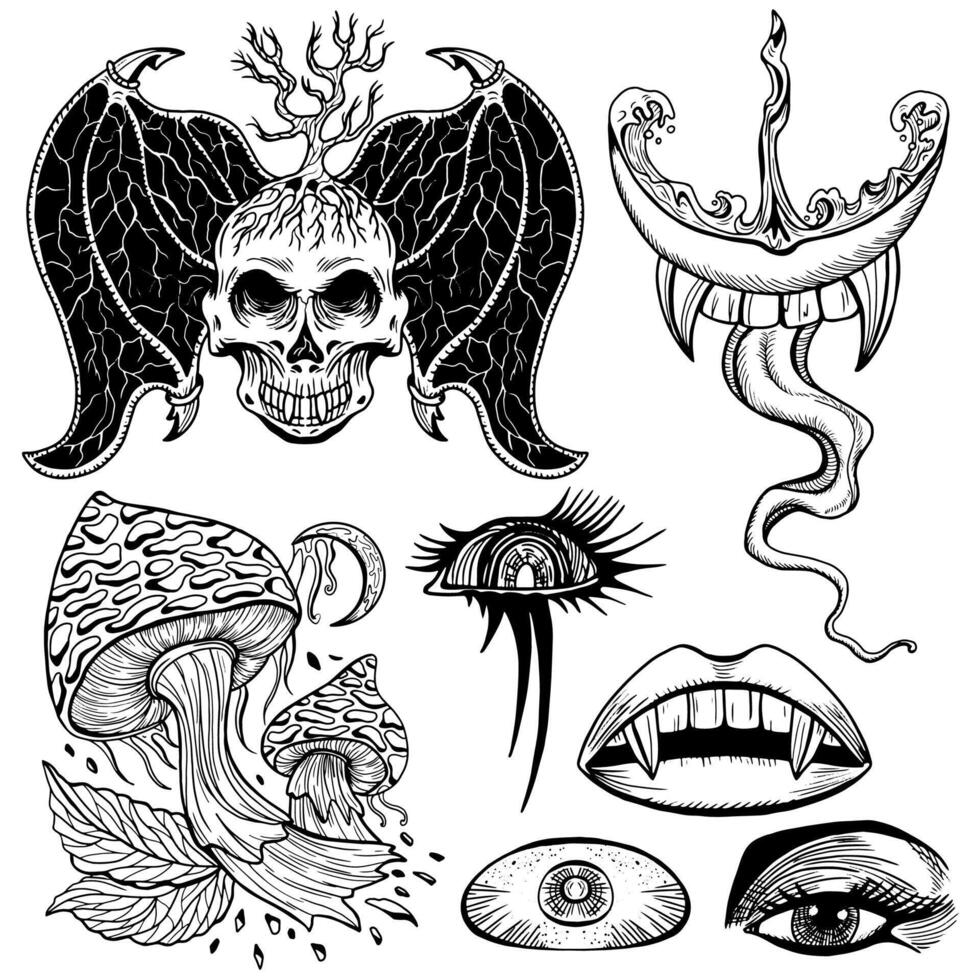 Design set with line art hand drawn mystic objects and symbols of scary demon skull, magic mushrooms, vampire lips and teeth, third eye isolated on white. Esoteric, Halloween and occult concept vector