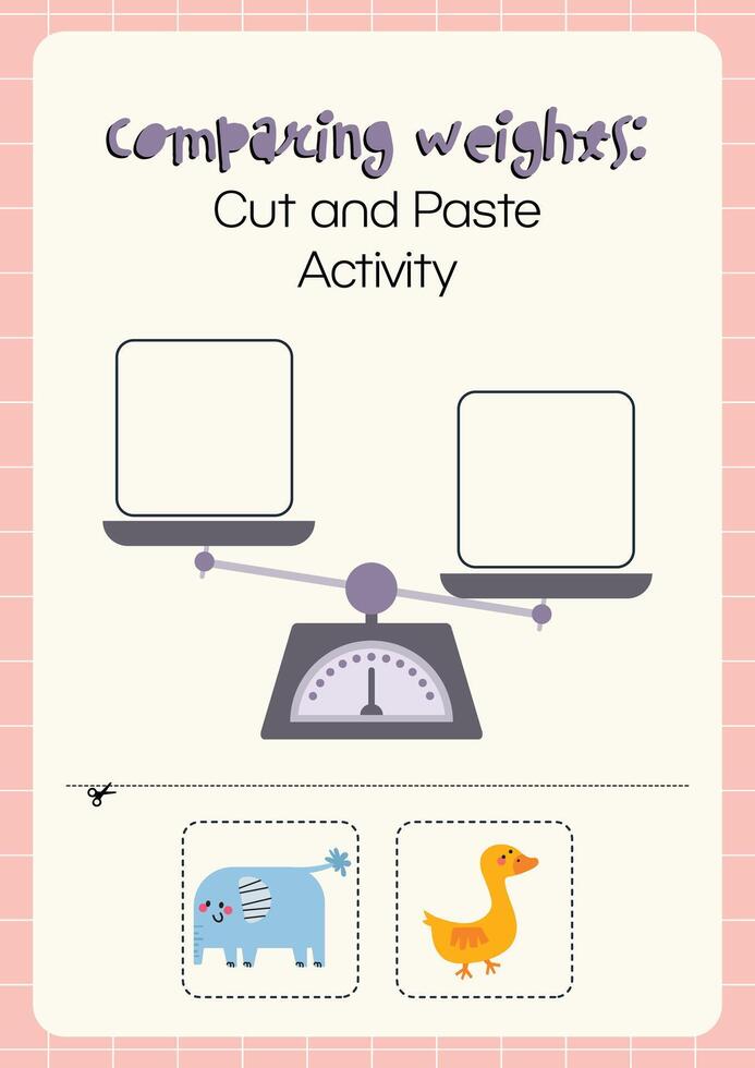 cut and paste comparing weight worksheet for kids fun education activity vector