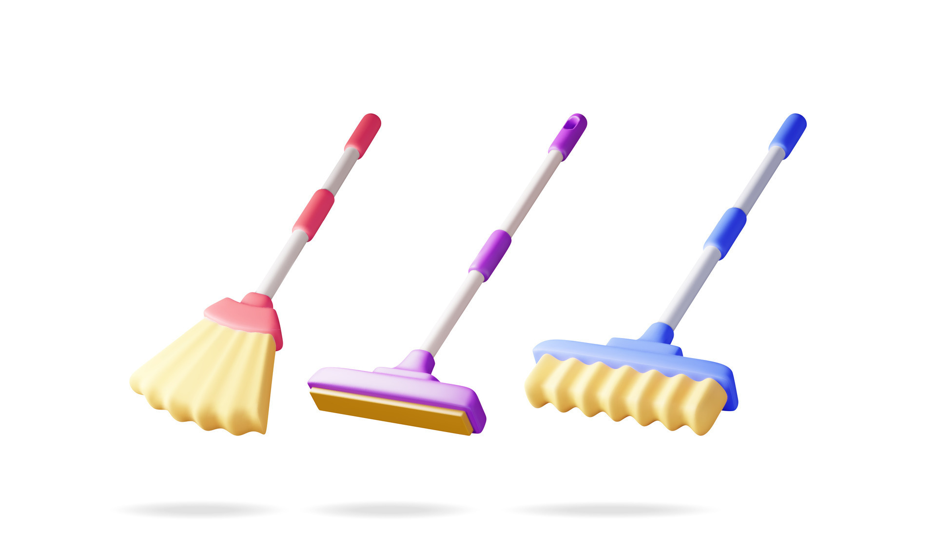 3d set of floor cleaning mop and broom with plastic handle isolated