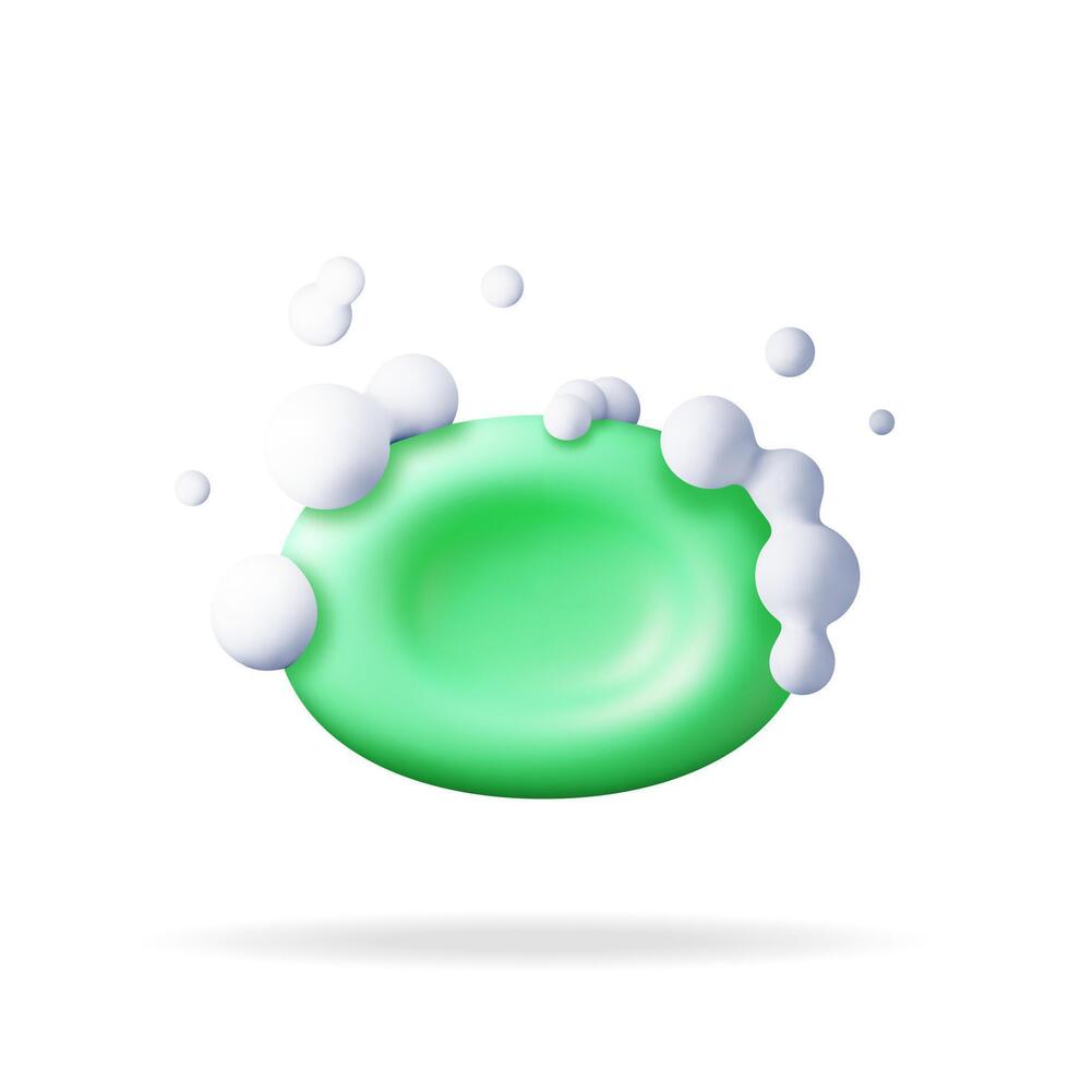 3D soap bar with foam and bubbles isolated. Render green soap in foam symbol. Hygiene, house cleaning equipment. Household accessories. vector