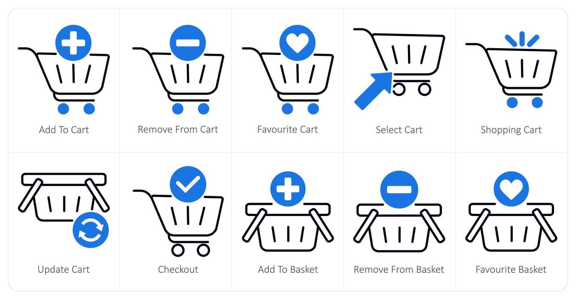 A set of 10 shopping icons as add to cart, remove from cart, favorite cart vector
