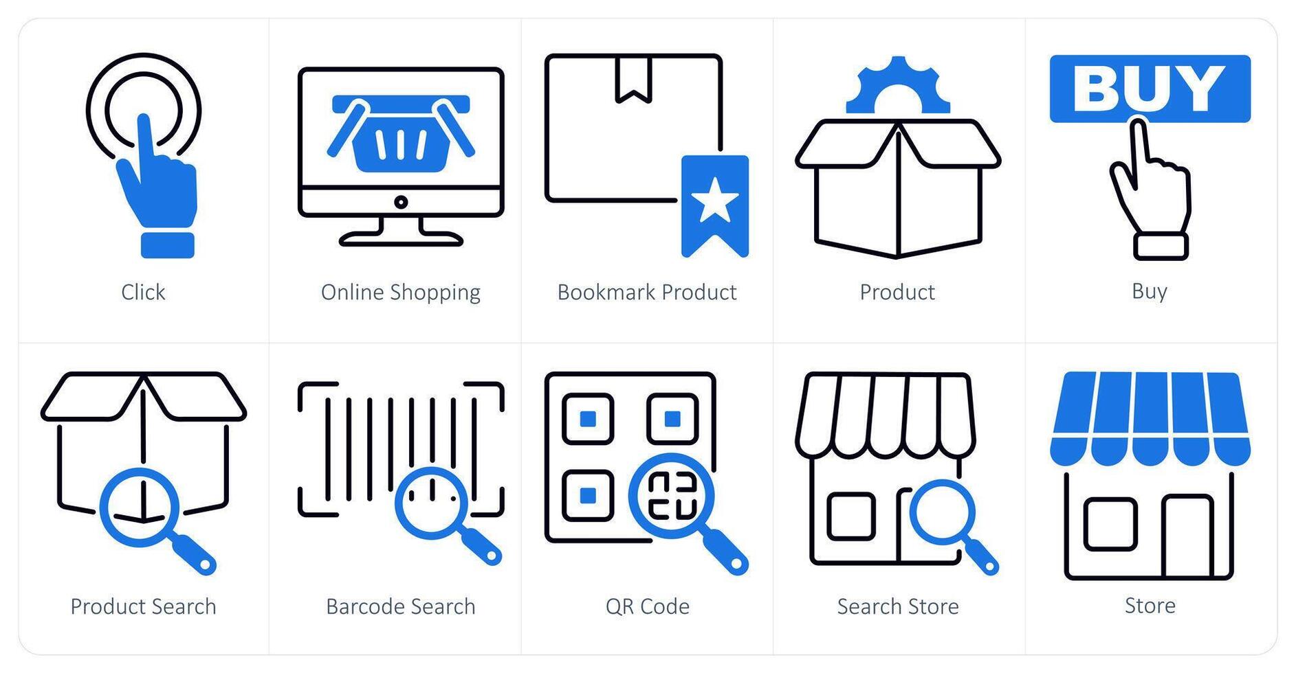 A set of 10 shopping icons as click, online shopping, bookmark product vector