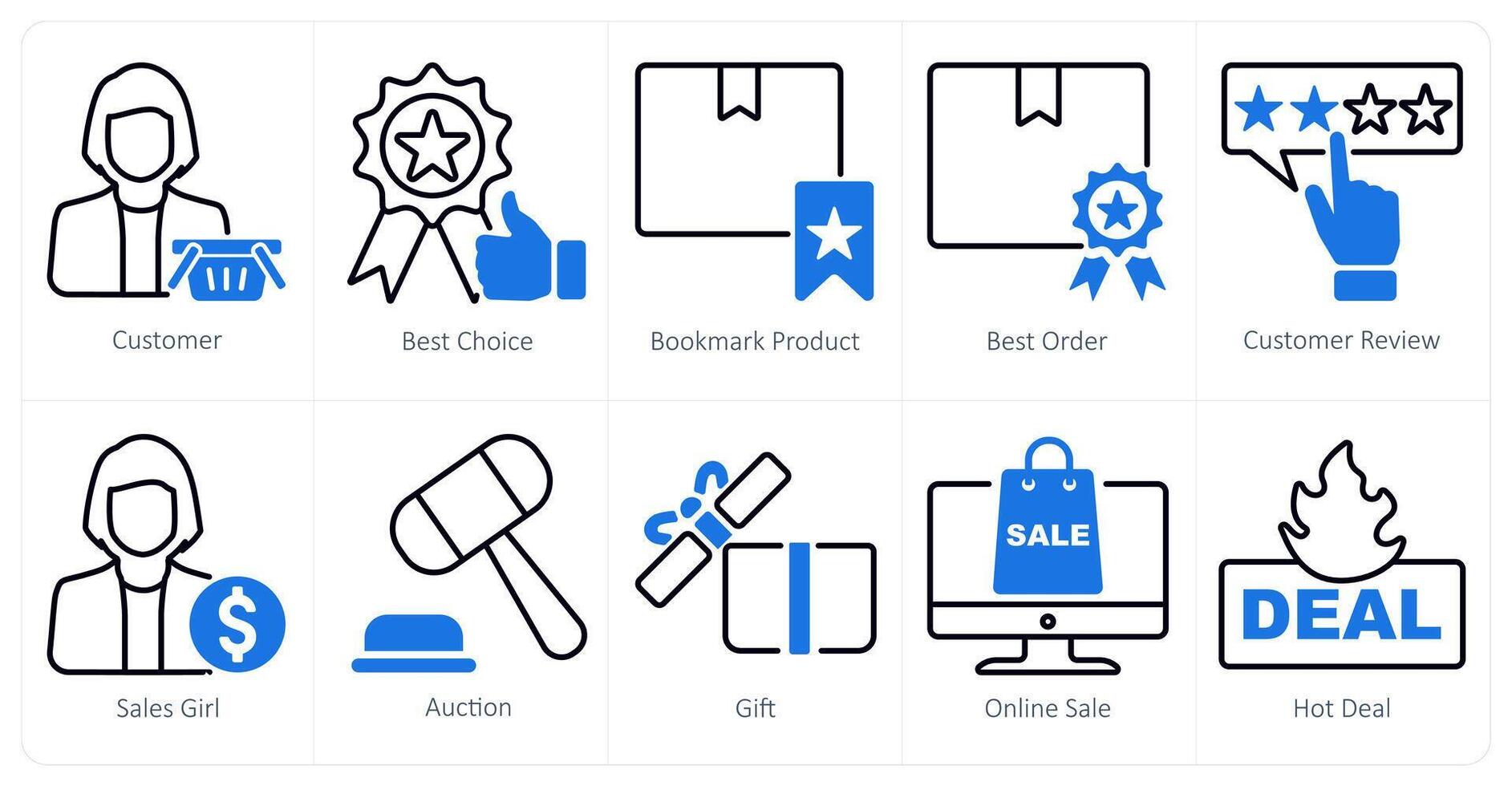 A set of 10 shopping icons as customer, best choice, bookmark product vector